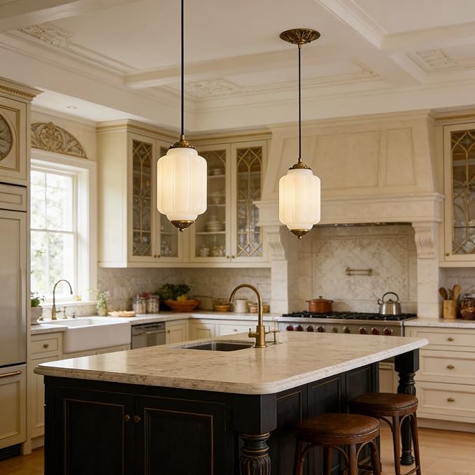 Milk Glass Ceiling Light Fixture,Milk Glass Pendant Light ,Semi Flush Mount Pendant Light Vintage Schoolhouse Ceiling Light for Kitchen Island, Living Room, Dining Room, Bedroom (White, 5.7 Inch)