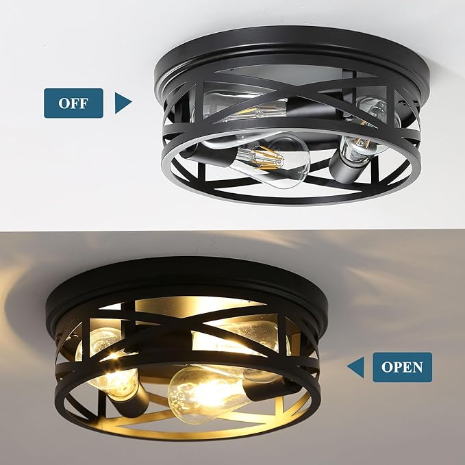 EMONG Farmhouse 3-Light Black Flush Mount Ceiling Light, Vintage Industrial Closed to Ceiling Mount Lamp,Metal cage Light Fixture for Entryway Hallway Kitchen Bedroom