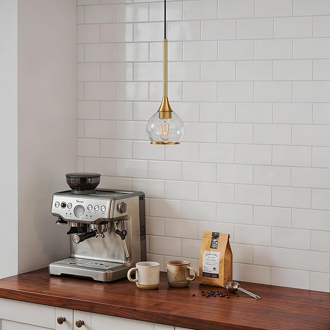 Kitchen Island Linear Pendant Light, 1-Pack 1-Light Gold Pendant Light, Brushed Gold Glass Globe Hanging Light Fixture for Dining Room, Over Table, Bar