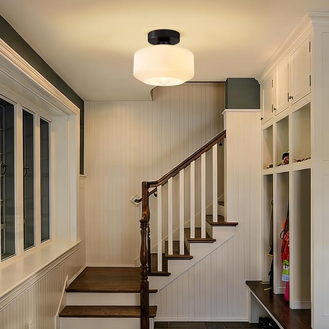 Lynnoland Industrial Semi Flush Mount Ceiling Light, Milky White Glass Shade Ceiling Light Fixture, Black Light Fixture for Hallway Bathroom Bedroom, Vintage Hanging Light Fixtures