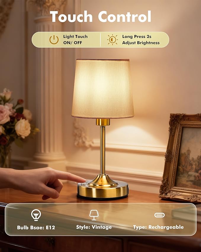 Cordless Table Lamp, 5000mAh Rechargeable Table Lamp with 3-Level Dimmable Brightness, Portable Nightstand LED Lamp for Bedroom, Living Room, Bedside, Dining Room (Gold)