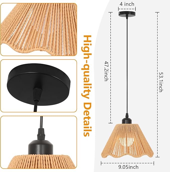 Boho Battery Operated Pendant Lights,Rechargeable Pendant Light with Remote,Rattan Pendant Light Fixtures for Kitchen Island,Boho Hanging Lights for Dining Room Bedroom Hallway Entryway(2 Pack)