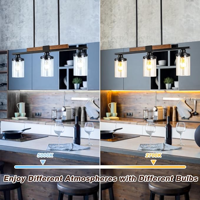 VenzBlomia Black Kitchen Island Lighting Fixture, 3-Light Farmhouse Dining Room Chandelier Over Table, Large Pendant Light Ceiling Hanging, Modern Dining Table Light with Adjustable Height