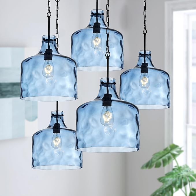 CATINER 16" Extra Large Farmhouse Pendant Light – Hand-Blown Blue Hammered Glass Shade, Black Finish, Adjustable Chain Hanging Light Fixture for Kitchen Island, Dining Room, Hallway