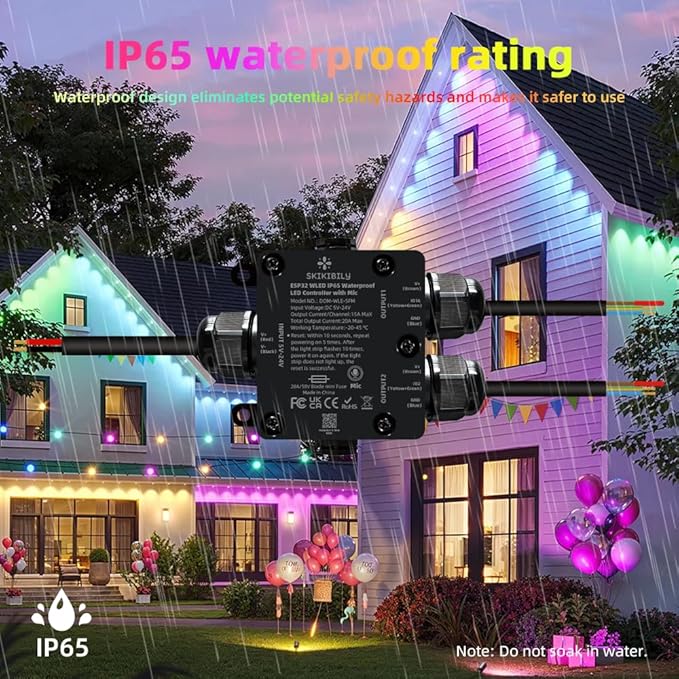 ESP32 WLED LED Controller with Mic for Music Sync, APP/Web Control, IP65 Waterproof, 5V/12V/24V WS2812B SK6812 WS2811 RGBIC Addressable LED Strip Lights, 20A Output Fuse Protection
