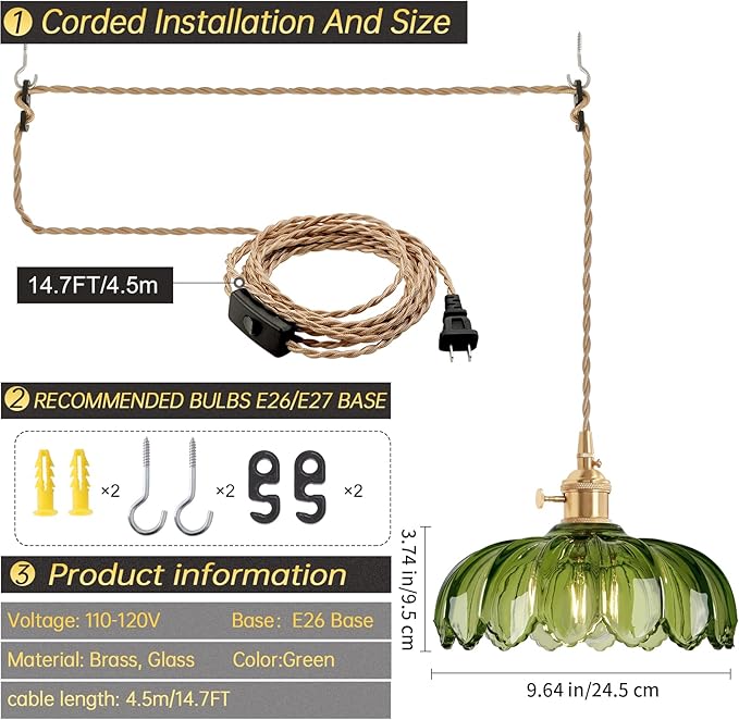 Shenmoyl Plug in Pendant Light Hanging Light Fixtures with Plugin Cord On/Off Switch,Green Scindapsus Glass Lampshade Brass Pendant Light
