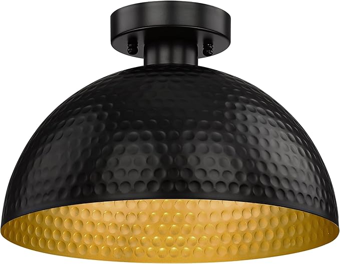 ELYONA Hammered Semi Flush Mount Light Fixture, 12 inch Farmhouse Ceiling Light Fixture with Modern Black and Gold Finish for Bedroom, Bathrooms, Hallway, Kitchen, Porch, Laundry, Foyer