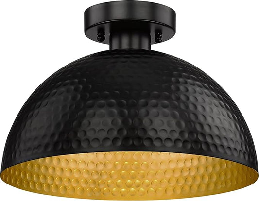 ELYONA Hammered Semi Flush Mount Light Fixture, 12 inch Farmhouse Ceiling Light Fixture with Modern Black and Gold Finish for Bedroom, Bathrooms, Hallway, Kitchen, Porch, Laundry, Foyer