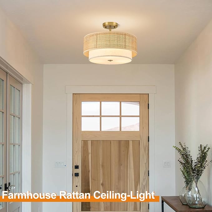 Semi Flush Mount Ceiling Light, 16" Gold Light Fixtures Ceiling Mount, 3-Light Boho Rattan Linen Drum Light Fixture, Modern Farmhouse Chandelier for Bedroom Entryway Living Room Hallway Foyer