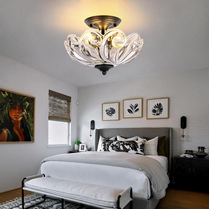 HuixuTe Modern Semi Flush Mount Ceiling Light, 3-Light Black Close to Ceiling Light Fixture with Clear Glass Shade for Living Room Entryway Bedroom