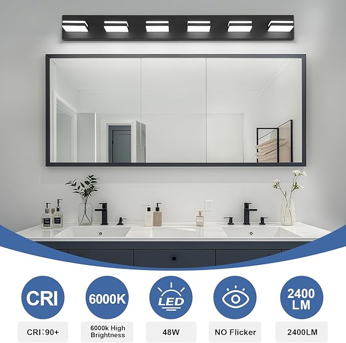 Modern LED Bathroom Lights Fixtures 6-Light,Metal Black Acrylic Wall Lighting,Vanity Lights for Bathroom Over Mirror 6000k 41in