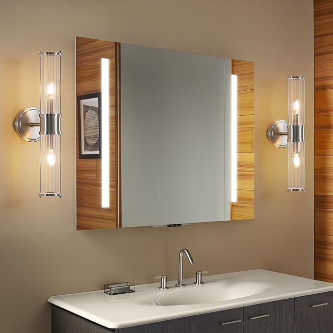 Bathroom Sconce Wall Lighting - Nickel Bathroom Vanity Light Fixture Vertical and Horizontal Wall Mount 2-Light Modern Indoor Wall Light for Hallway Living Room(E12 Bulbs Excluded)