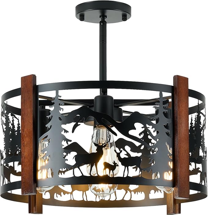 Farmhouse Rustic Deer Ceiling Light Fixtures, 4-Light Round E26 Base Black Metal Wooden Fixture for Kitchen, Living Room, Foyer, Bedroom, Hallway-‎16.5" L* 16.5" W * 11.8" H