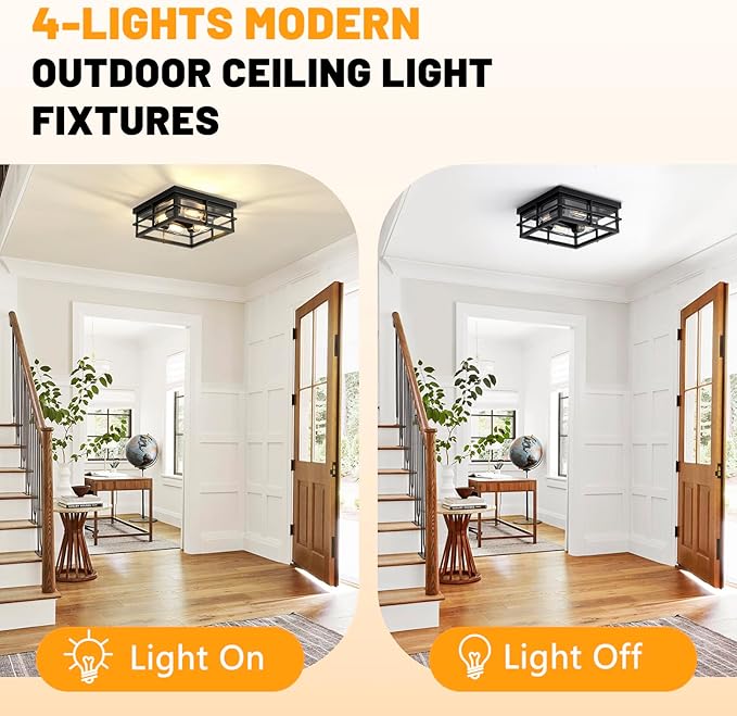 Asnxcju Black Flush Mount Ceiling Light, 4-Light Indoor Outdoor Light Fixtures for Porch with Clear Glass, 12 Inch Modern Close to Ceiling Lights for Bathroom, Covered Patio, Balcony, Foyer
