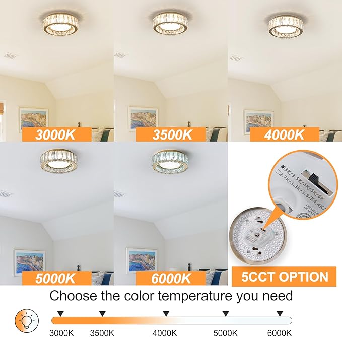 Dimmable Modern Luxury Crystal LED Flush Mount Ceiling Light,11 Inch 24W/5CCT 3000K-6000K Gold Close to Ceiling Light Fixture r for Kitchen,Entryway,Laundry Room,Porch