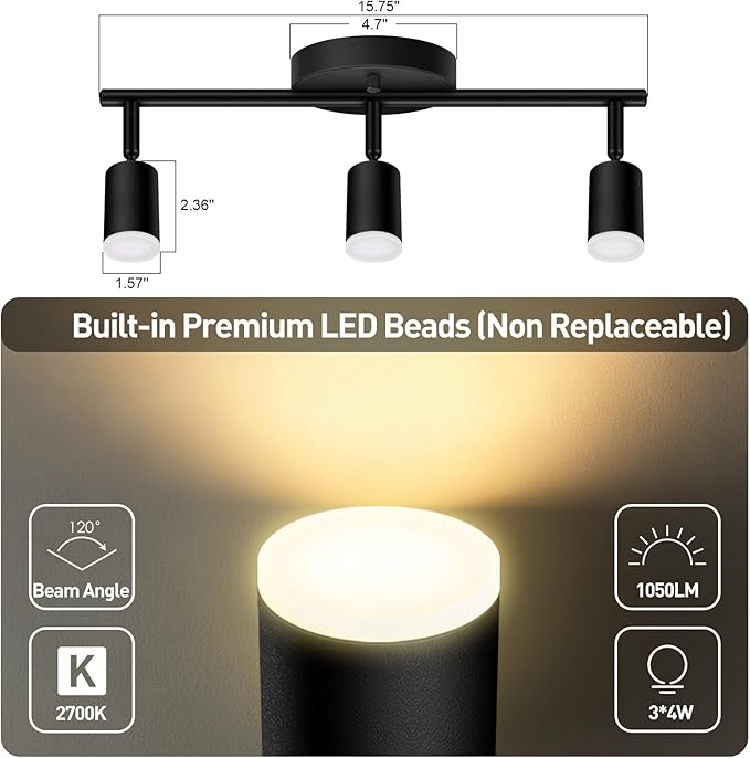 AUQUEE 3 Light Track Lighting Fixtures Ceiling, 12W/2700K Black Track Lighting with Acrylic Lampshade & Rotatable Light Heads, 20000hrs Lifespan, Modern LED Track Lights Ceiling for Kitchen/Hallyway