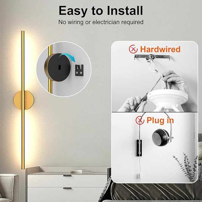 Tartek Battery Operated Wall Sconces Set of Two, Rechargeable Wall Lights with Remote Control, Dimmable 3000K-6000K LED Wall Lamp, 360°Rotate, Long Wireless Sconces for Living Room, Bedroom