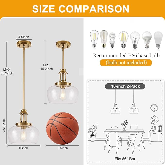 Modern Pendant Lights Kitchen Island, Brushed Gold Pendant Light Fixtures with 10" Clear Glass Shade, Industrial Hanging Pendant Lights Fixture for Kitchen Island Dining Room Bedroom Foyer Entryway
