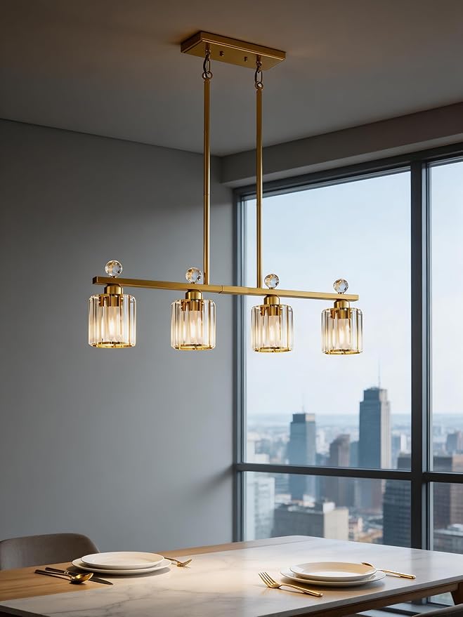 Modern Dining Room Light Fixture Over Table, Crystal Pendant Lights Kitchen Island, Chandeliers for Dining Room Kitchen Light Fixtures (E26) 4-Light Gold