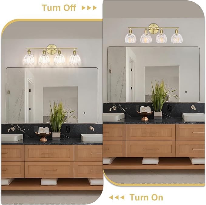 Vintage Bathroom Light Fixtures,4-Light Hardwired Vanity Lights with Clear Tulip Glass Shade,Gold Bathroom Vanity Light for Mirror Restroom,E26 Socket,25.2 in(Bulbs Not Included)