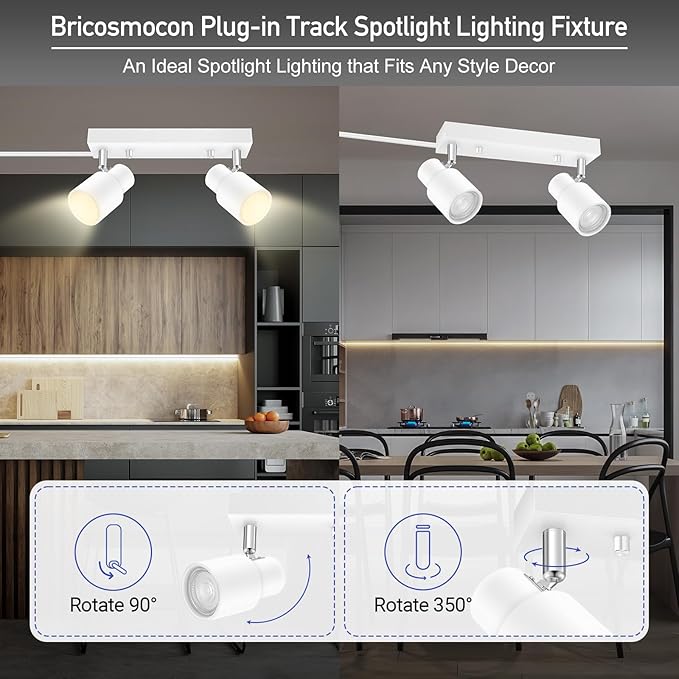 Plug in Track Lighting Fixtures Ceiling, White Track Light LED, 2-Light Track Lights with Cord, 2 Way Ceiling Spotlight, Rocker Switch, Rotatable Wall Mount Light for Kitchen/Bedroom,Bulb Not Included