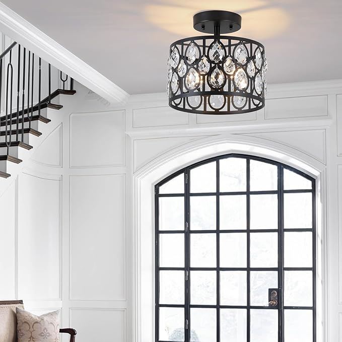 9 Inch Crystal Black Semi Flush Mount Ceiling Light,2-Light Modern Farmhouse Ceiling Light Fixture,Round Hallway Lighting Fixtures for Kitchen Entryway Bedroom Laundry