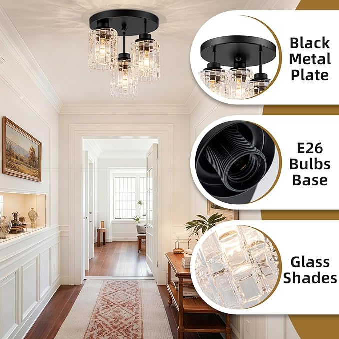 3-Lights Semi Flush Mount Ceiling Light Fixture,Matte Black Kitchen Ceiling Light with Glass Shades,Hallway Light Fixtures Ceiling Mount for Foyer Entryway Bathroom