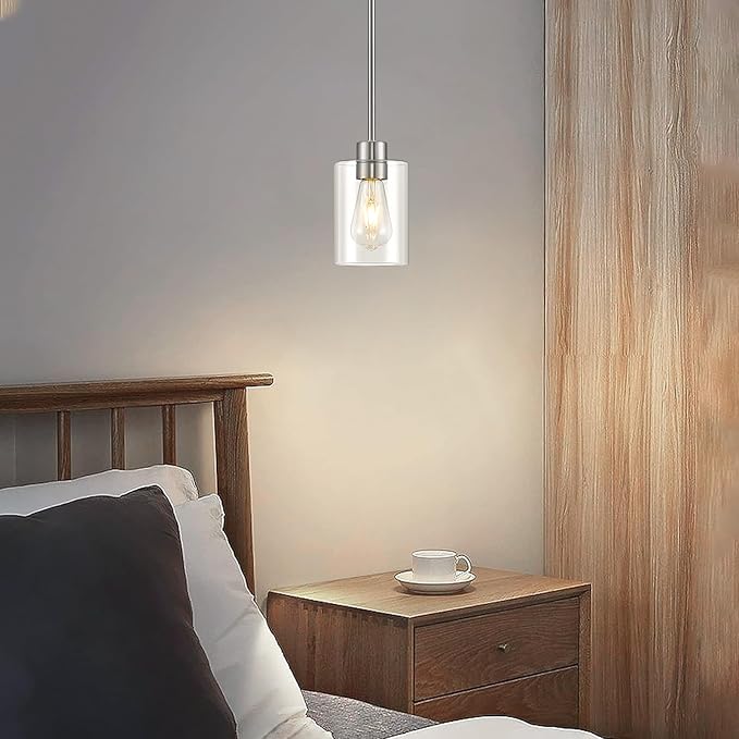 Modern Farmhouse Brushed Nickel Pendant Lights, Mini Hanging Light Fixture with Clear Glass Shade, Adjustable Rods for Kitchen Island, Sink, Bar (1 Pack)