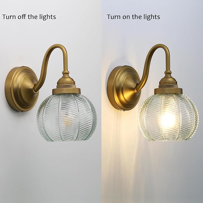 PERMO Vintage Wall Sconce with Clear Ribbed Glass Shade Retro Gold Sconce Bronze Bathroom Wall Light for Loft Kitchen Living Room Bedroom Hallway Doorway