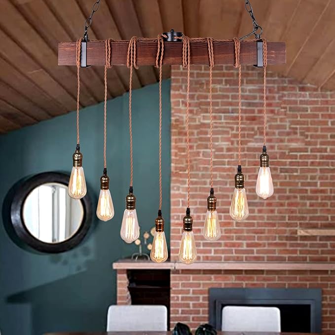 Farmhouse Pendant Lights Kitchen Island, Kitchen Light Fixtures, Rustic Dining Room Light Fixture with 8 E26 Bulb Sockets, Black Metal and Wood Beam Ceiling Pendant Light Fixtures, Hanging Lights