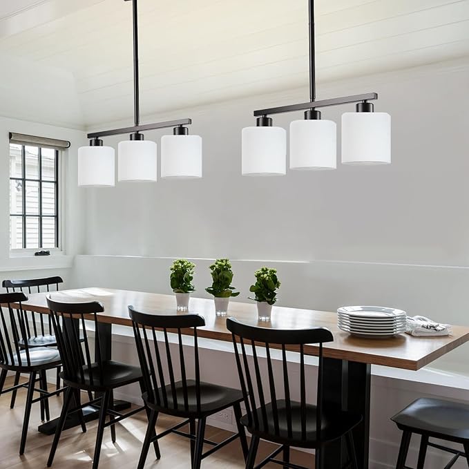 3-Light Kitchen Island Lighting, Black Pendant Light Fixture, Modern Hanging Light Fixtures with Milky White Glass, E26 Base, Bulbs Not Included