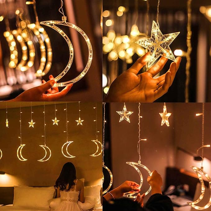 FUNPENY Star Moon Curtain String Lights, 138 LED Window Lights with Remote Control, Warm White Fairy Lights with 8 Modes for Indoor, Wedding, Party, Bedroom, Patio Lawn, Ramadan Decorations