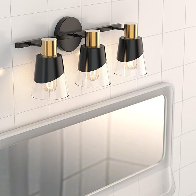 URSOLA Bathroom Vanity Light, 3 Lights Bathroom Light Fixtures Over Mirror, 20.47 inch Bathroom Light Fixtures, Black and Gold Design with Bevelled Edge and Clear Glass Shade Wall Lamp