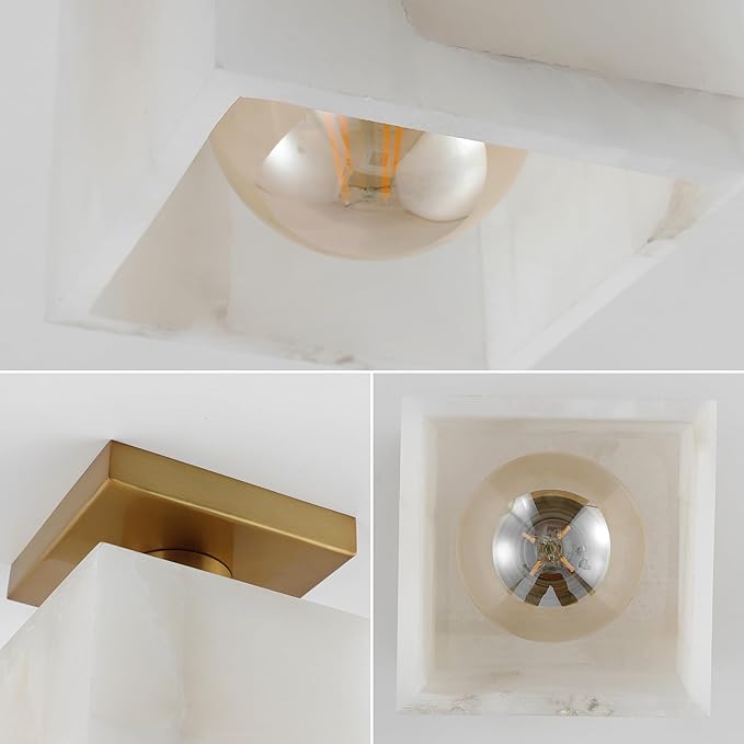 JONATHAN Y 5" White Marbling/Brass Gold Modern 1-Light Semi Flush Mount Ceiling Light for Bedroom, Cube White Alabaster Marble Shade, Mid-Century Minimalist Fixture, LED Bulb Included JYL1202A