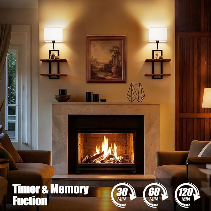 RINBOU Set of 2 Battery Operated Wall Sconce with 2-Tier Shelf, Remote Wireless Rechargeable Dimmable Wall Lights with Floating Shelves, Wall Lamps for Bedroom Living Room Hallway Bathroom Decor