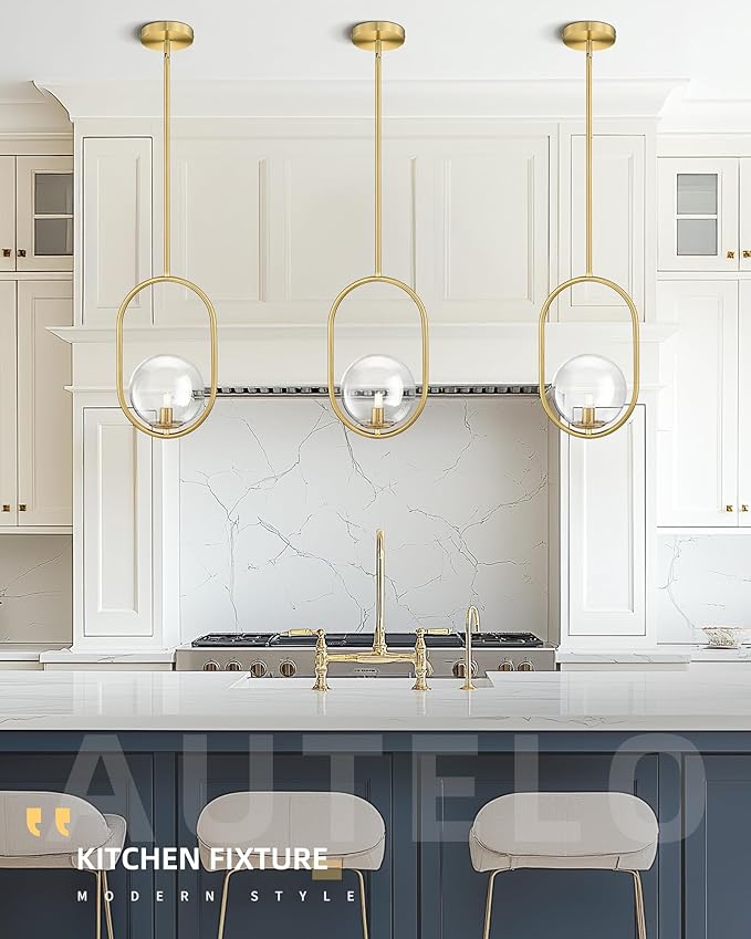 AUTELO Gold Pendant Lights, 1-Light Pendant Lights Kitchen Island in Brushed Gold Finish with Clear Globe Glass, Mid Century Pendant Light Fixtures, Gold Hanging Lights for Kitchen Island H9376 CLBG