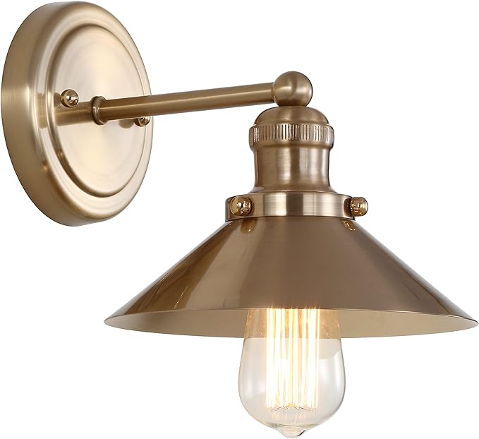 JONATHAN Y 7.8" Brass Gold 1-Light Industrial Farmhouse Metal Vanity Light Wall Sconce, Metal Shade for Bathroom Mirror, Kitchen, Entryway, LED Bulb Included (JYL7429A)