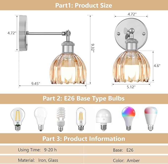 Vintage Battery Operated Wall Sconce, Amber Tulip Glass Lampshade Wireless Rechargeable Battery Powered LED Wall Light with Remote Dimmable for Bedside Bedroom Living Room, Silver, Set of 2