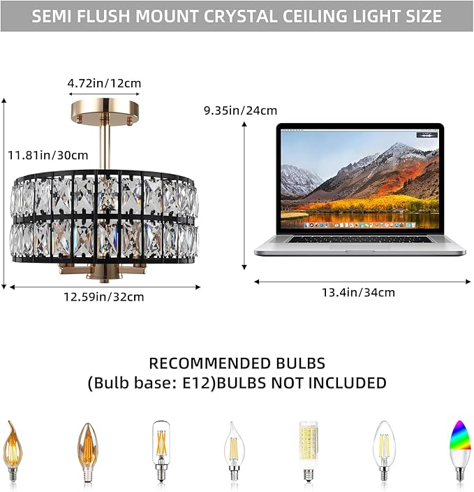 Crystal Ceiling Light Fixture, 12.6" Black and Rose Gold Semi Flush Mount Ceiling Light Fixture 3 Lights Modern Drum Round Crystal Chandeliers for Entryway Kitchen Hallway Bedroom Living Room