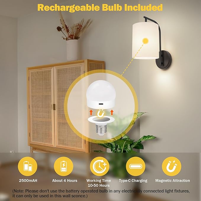 MATAMEYE Battery Operated Wall Sconce Set of 2, Gold Rechargeable Dimmable Wall Light Fixture Remote, 12 RGB Colors & Timer, Wireless Lamp Linen Shade