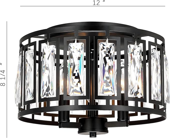 Crystal Ceiling Light Flush Mount for Bedroom, Kitchen Island Crystal Drum Shade Lighting Fixture, 3-Light Black Ceiling Lamp for Dining Room