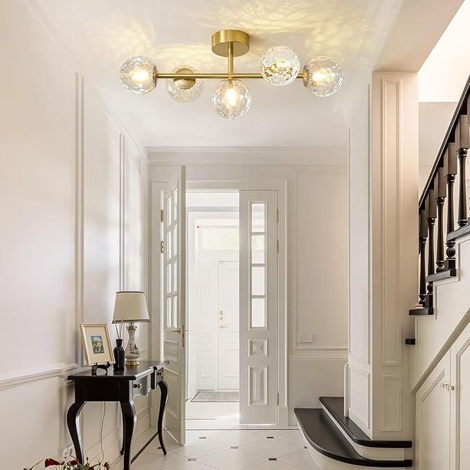 Modern Globe Glass Ceiling Light: 27 Inch Semi Flush Mount Light with Hammered Clear Glass Shade - 5 Lights Gold Ceiling Lighting Fixture - Dimmable Linear Chandelier for Bedroom Living Room Entryway