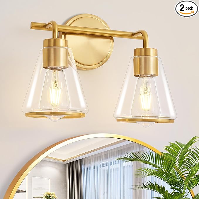 Bathroom Light Fixtures Over Mirror Gold Vanity Lights 2-Lights Bathroom Vanity Light with Clear Glass Shade 14 inch Vanity Lighting Fixtures Modern Wall Sconces Lights for Barth