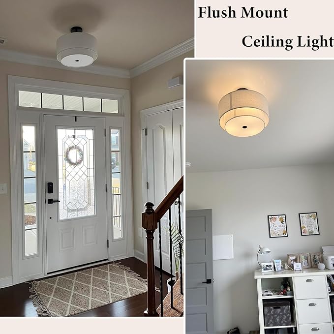 FRIDEKO HOME 3 Light Semi Flush Mount Ceiling Light Modern Close to Ceiling Light Fixture with 2-Layer Fabric Shade Light Fixtures Ceiling Mount for Bedroom Living Room Kitchen Foyer Hallway