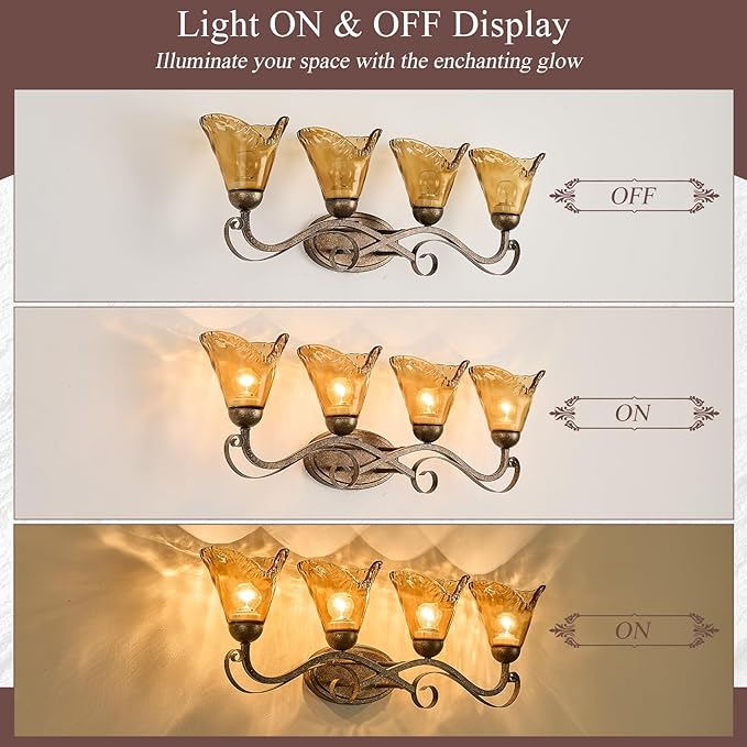 VitaLink 4-Light Bathroom Vanity Light 29.5" Rustic Amber Glass Wall Sconces for Bathroom Over Vanity Mirror Wall Lamp for Living Room Hallway E26