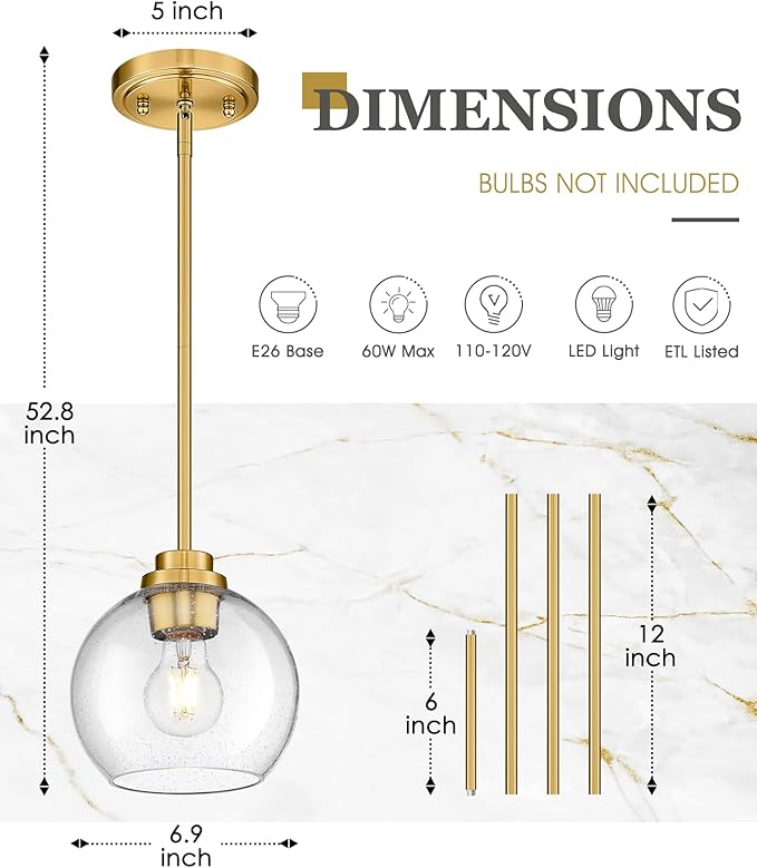 2-Pack Pendant Lights Kitchen Island, 7" Modern Brushed Gold Hanging Lights Fixtures with Clear Seeded Glass Globe Shade, Kitchen Island Lighting for Bathroom, AD-22280-1P2-GD-S