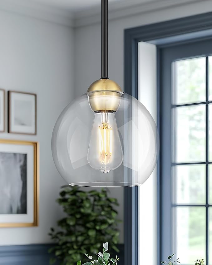 Emak Black and Gold Pendant Light, 8 Inch Globe Pendant Lights Kitchen Island with Clear Glass Shade, Modern Farmhouse Hanging Lights for Kitchen, Dining Room, Bar, PL121-BKBGD-CG