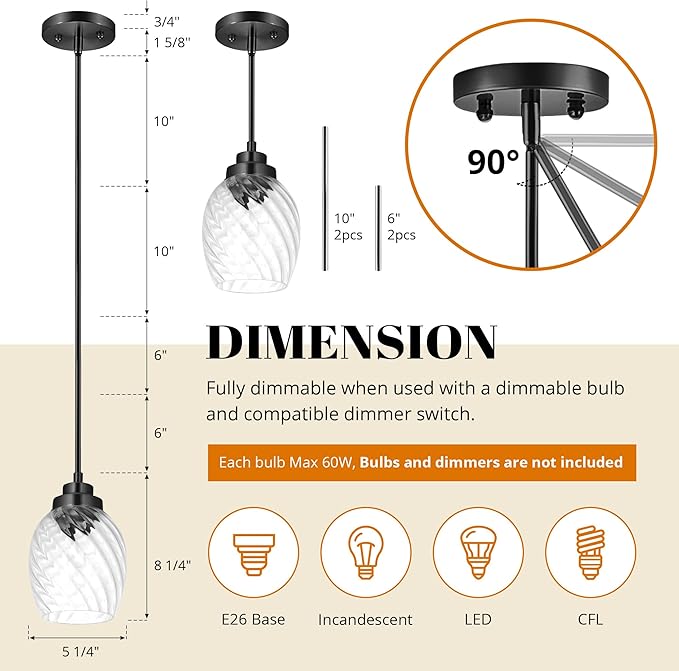 Glass Pendant Lights Kitchen Island,Twisted Clear Glass Treatment Pendant Light,Modern Hanging Light for Kitchen Sink Dining Room Bedroom, E26 (Black, 2pack)