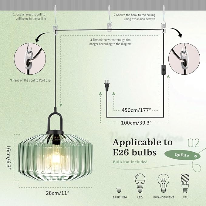 Light Green Hanging Lamp Plug-in Pendant Lights Vintage Pendant Lamps with 14.7 ft Cord Modern Glass Hanging Light Plug in Chandelier Lighting Large Striped Shade Mid Century Swag Lamp