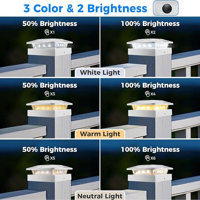Peasur 6 Packs 4x4 Post Solar Lights with 3 Modes, Waterproof LED Solar Powered Cap Lights for 4×4/3.5×3.5 Wood/Vinyl Posts, White Post Top Lighting Outdoor for Fence Deck Mailbox Porch Railing